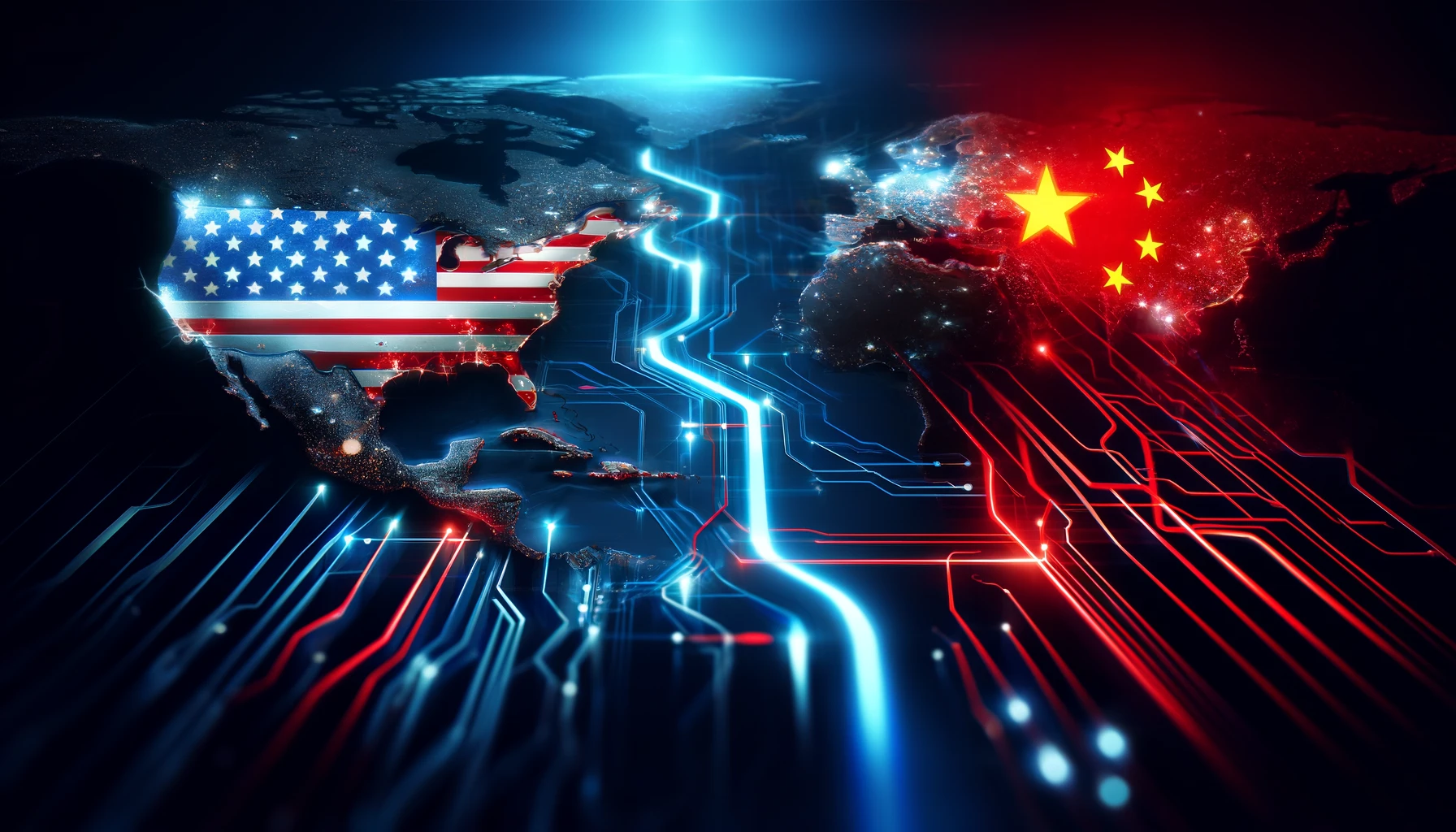 Digitale Darstellung des geopolitischen Konflikts zwischen den USA und China über Halbleiterexporte, mit hervorgehobenen Ländern und digitalen Verbindungen.