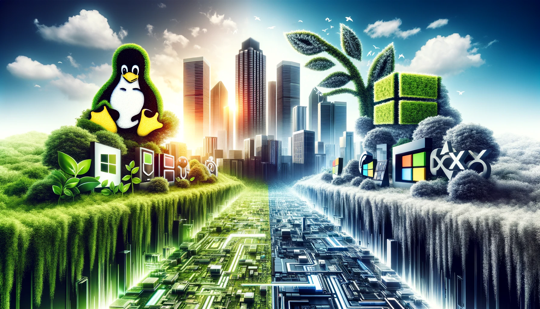 Symbolische Darstellung der Auseinandersetzung zwischen Linux und Microsoft in einer futuristischen Stadtlandschaft.