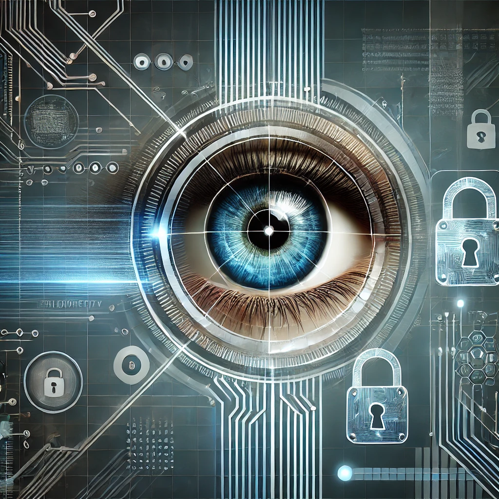 Illustration eines Auges, das von einem futuristischen Gerät gescannt wird, symbolisiert biometrische Identifikation und Datensicherheit.