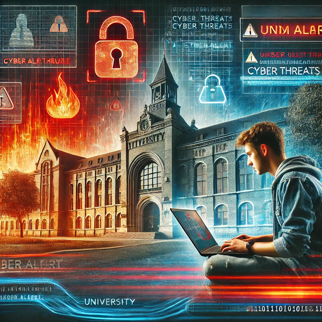 IT-Experte arbeitet intensiv an einem Laptop vor einem Universitätsgebäude mit digitalem Glitch-Effekt und Warnmeldungen auf Bildschirmen, die eine Cyberattacke darstellen.