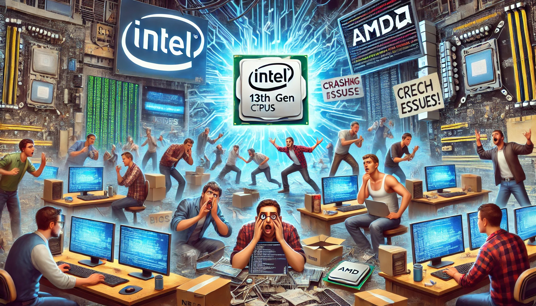 Chaotische Szene, die die Instabilität der Intel 13. und 14. Generation CPUs zeigt, mit frustrierten Nutzern, abstürzenden Bildschirmen und einem AMD-Logo im Hintergrund.