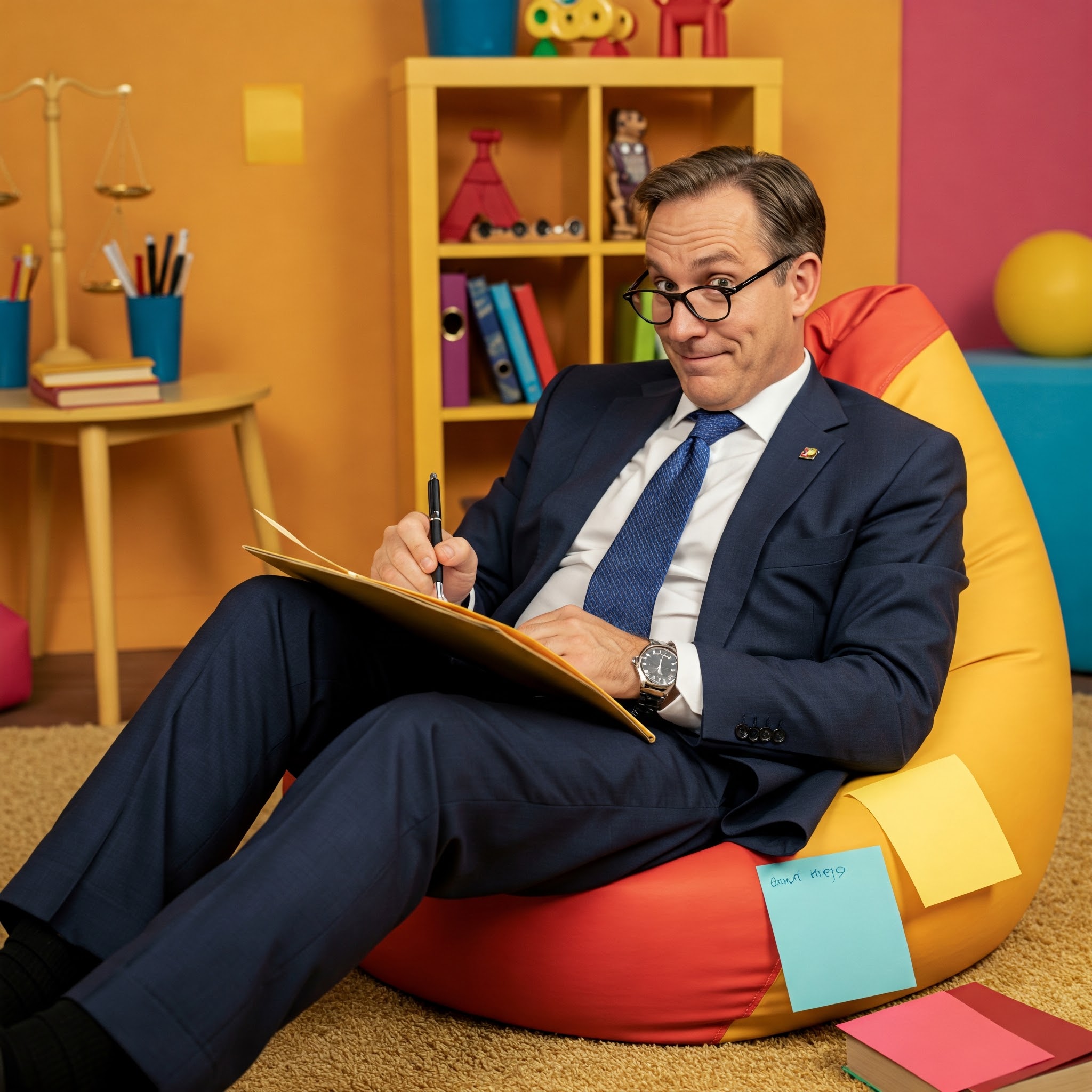 Anwalt schreibt Brief zum Arbeitszeugnis auf buntem Sitzsack in spielerischer Umgebung.