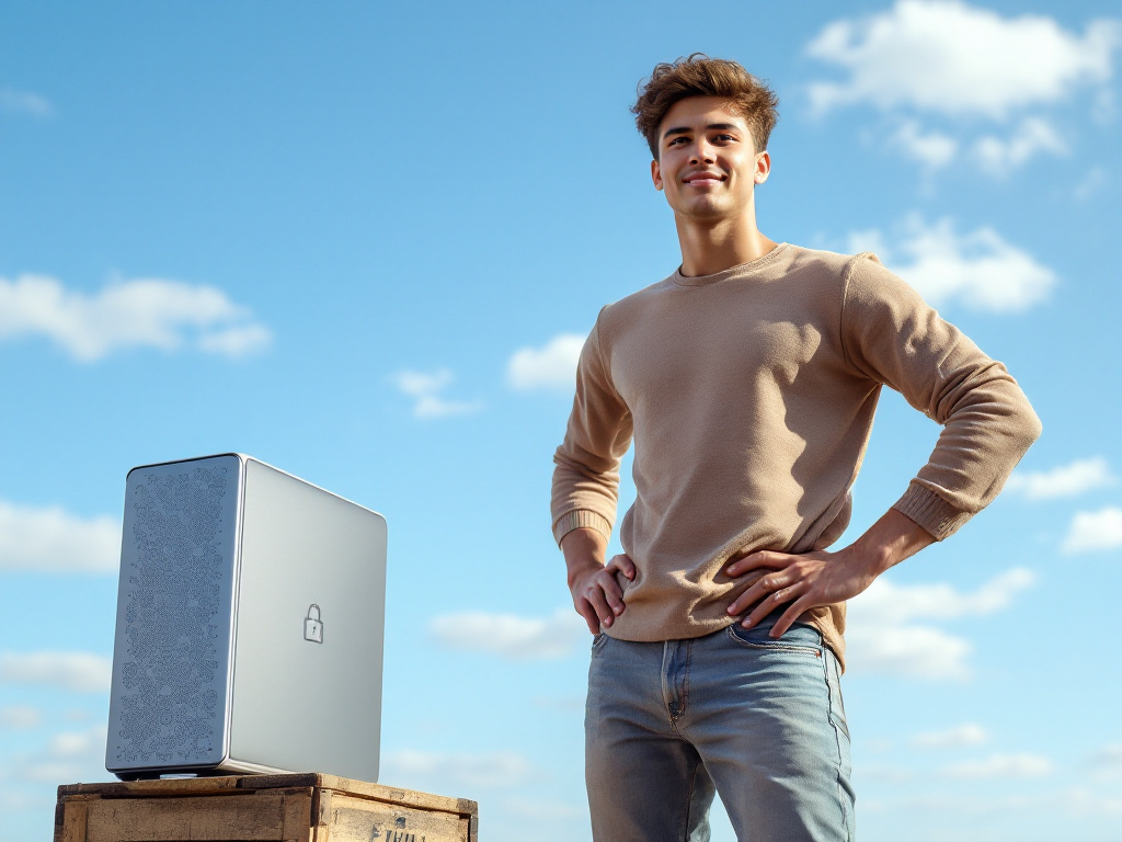Junger Mann mit Server unter blauem Himmel als Symbol für eigene Cloud-Infrastruktur und Datenschutz