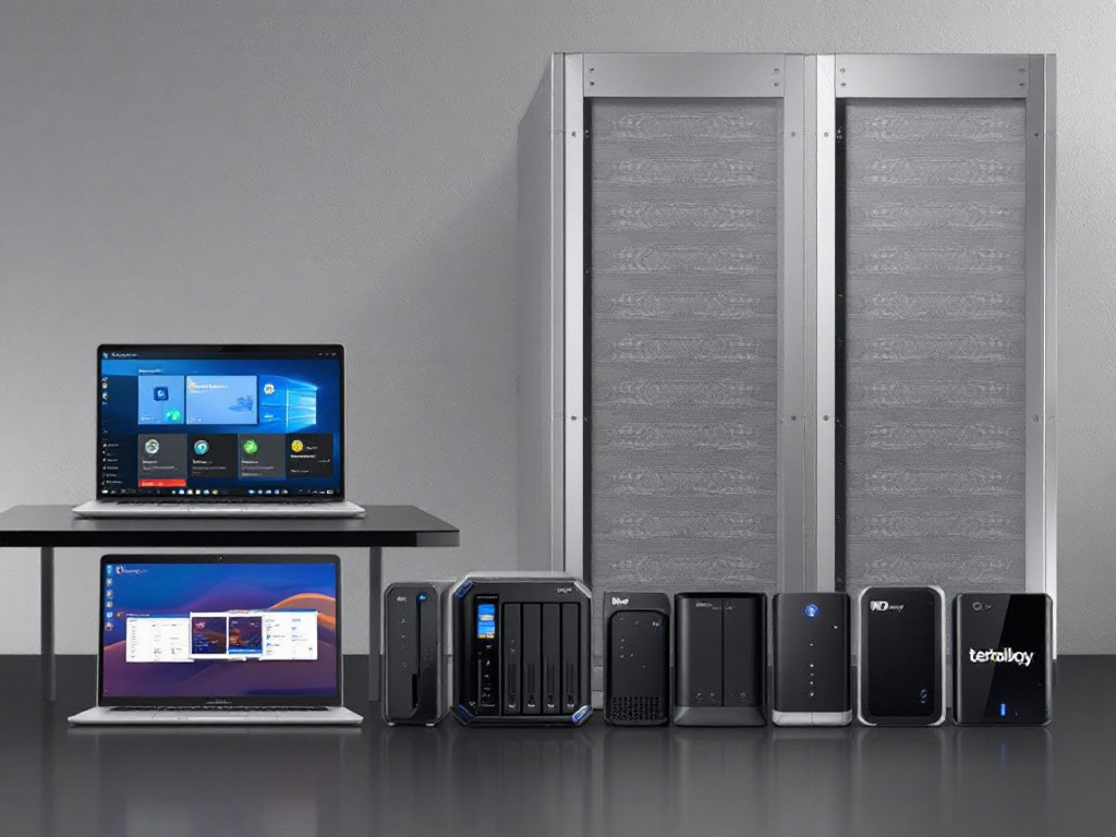 Auswahl verschiedener NAS-Systeme und zwei Laptops vor einem Serverschrank.