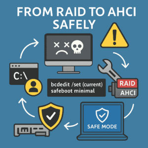 Infografik zum sicheren Wechsel von RAID zu AHCI in Windows über den abgesicherten Modus