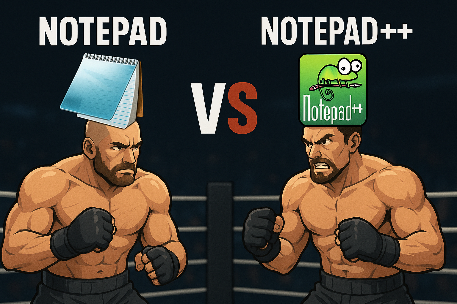 Zwei muskulöse Kämpfer mit Notepad- und Notepad++-Logo im Boxring gegenübergestellt, symbolisch für den Vergleich der Texteditoren.
