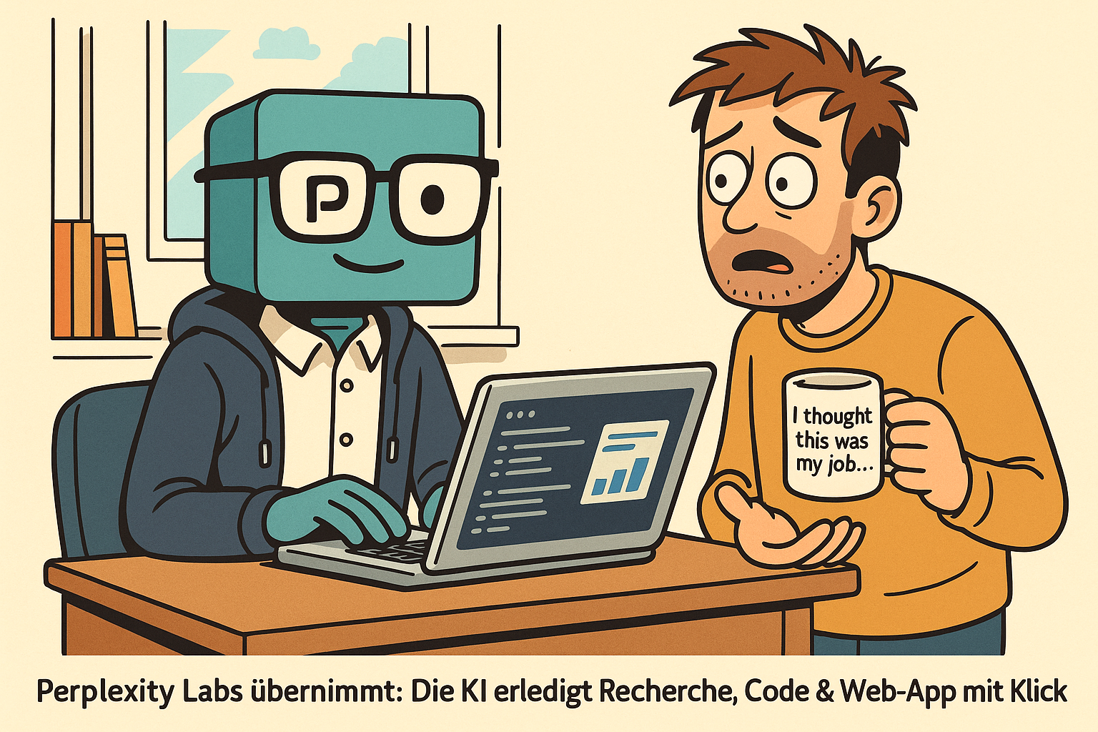 KI erstellt automatisch eine Web-App am Laptop, während ein Mensch erstaunt zuschaut – symbolisch für Perplexity Labs