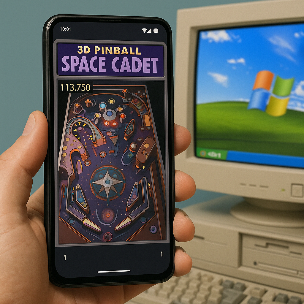 Space Cadet Pinball läuft auf einem Android-Smartphone, daneben ein alter Windows-PC mit XP-Desktop im Hintergrund