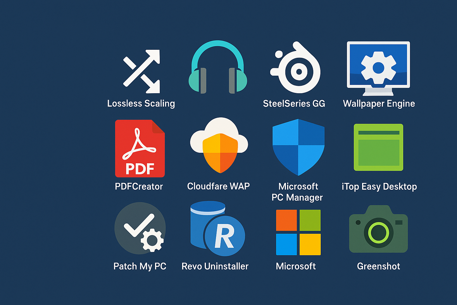 Software-Tools Icons wie SteelSeries GG, Lossless Scaling, Wallpaper Engine, Patch My PC, Revo Uninstaller, PDFCreator, Cloudflare Warp, Microsoft PC Manager, iTop Easy Desktop Manager und Greenshot auf blauem Hintergrund