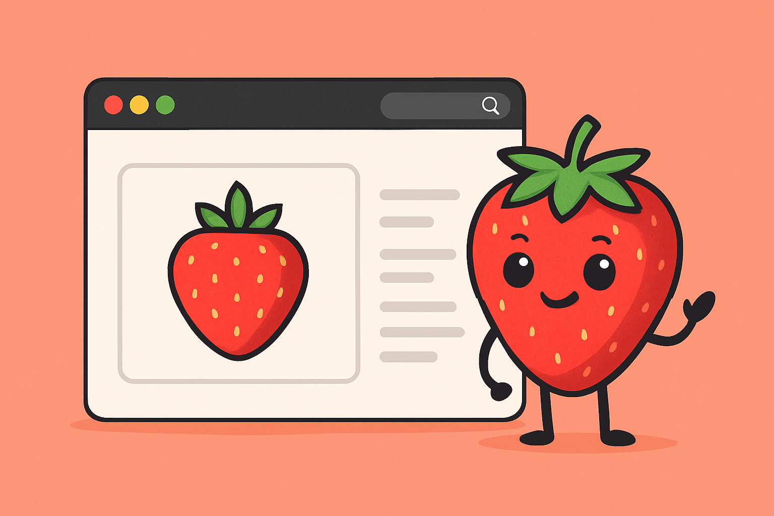 Strawberry Browser Illustration mit lachender Erdbeere und Browserfenster auf rosa Hintergrund