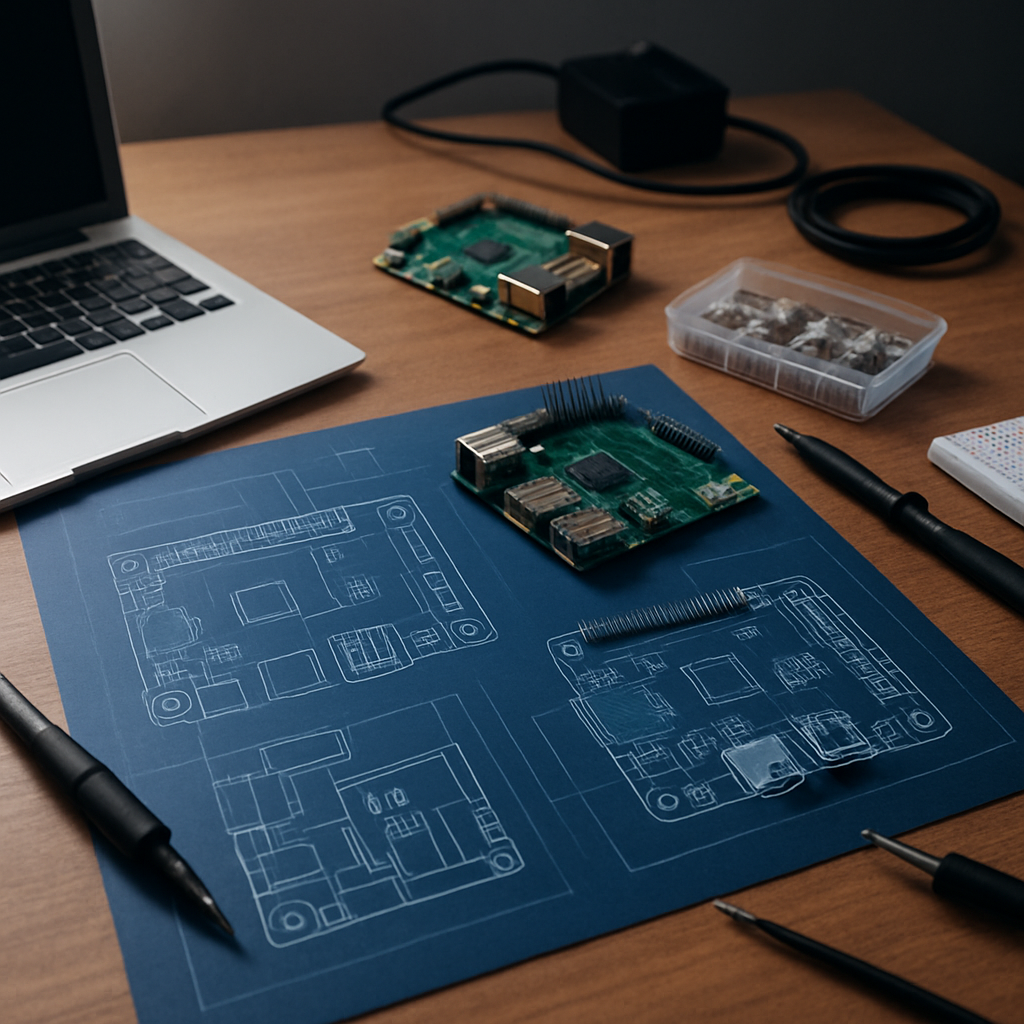 Arbeitsplatz mit technischen Zeichnungen und Platinen für Elektronikprojekte