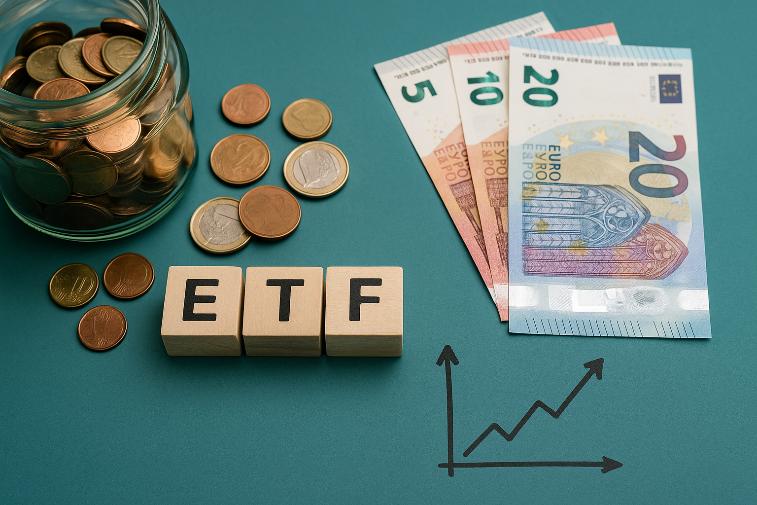 Finanzsymbole, Münzen und Taschenrechner auf türkisfarbenem Hintergrund als Symbol für Geldanlage und Zinsvergleiche