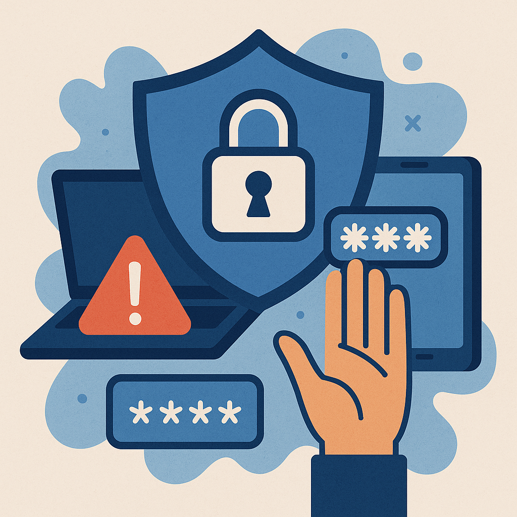 Illustration eines Schutzschildes und digitaler Symbole als Symbol für Online-Sicherheit und Betrugsschutz