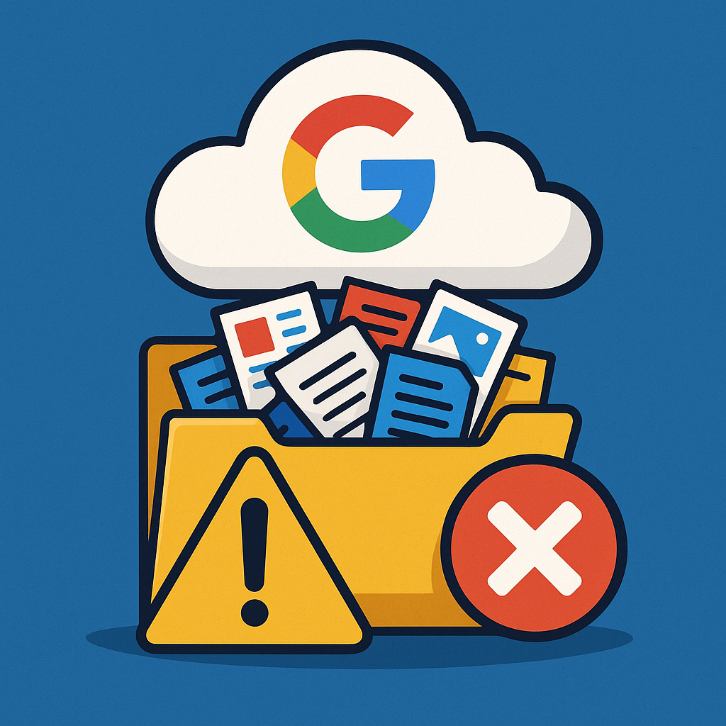 Überfüllter Google Cloud Speicher mit Dokumenten und Warnsymbolen im minimalistischen Cartoonstil