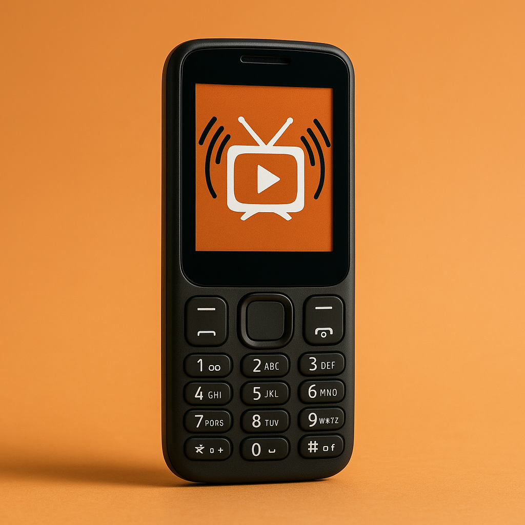 Schwarzes Feature-Phone mit TV-Symbol auf dem Display vor orangefarbenem Hintergrund