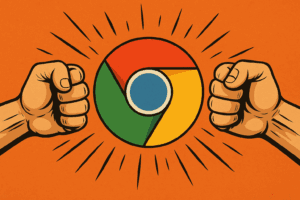 Comicartige Illustration eines Kampfes um das Google Chrome Logo zwischen zwei Fäusten auf orangefarbenem Hintergrund