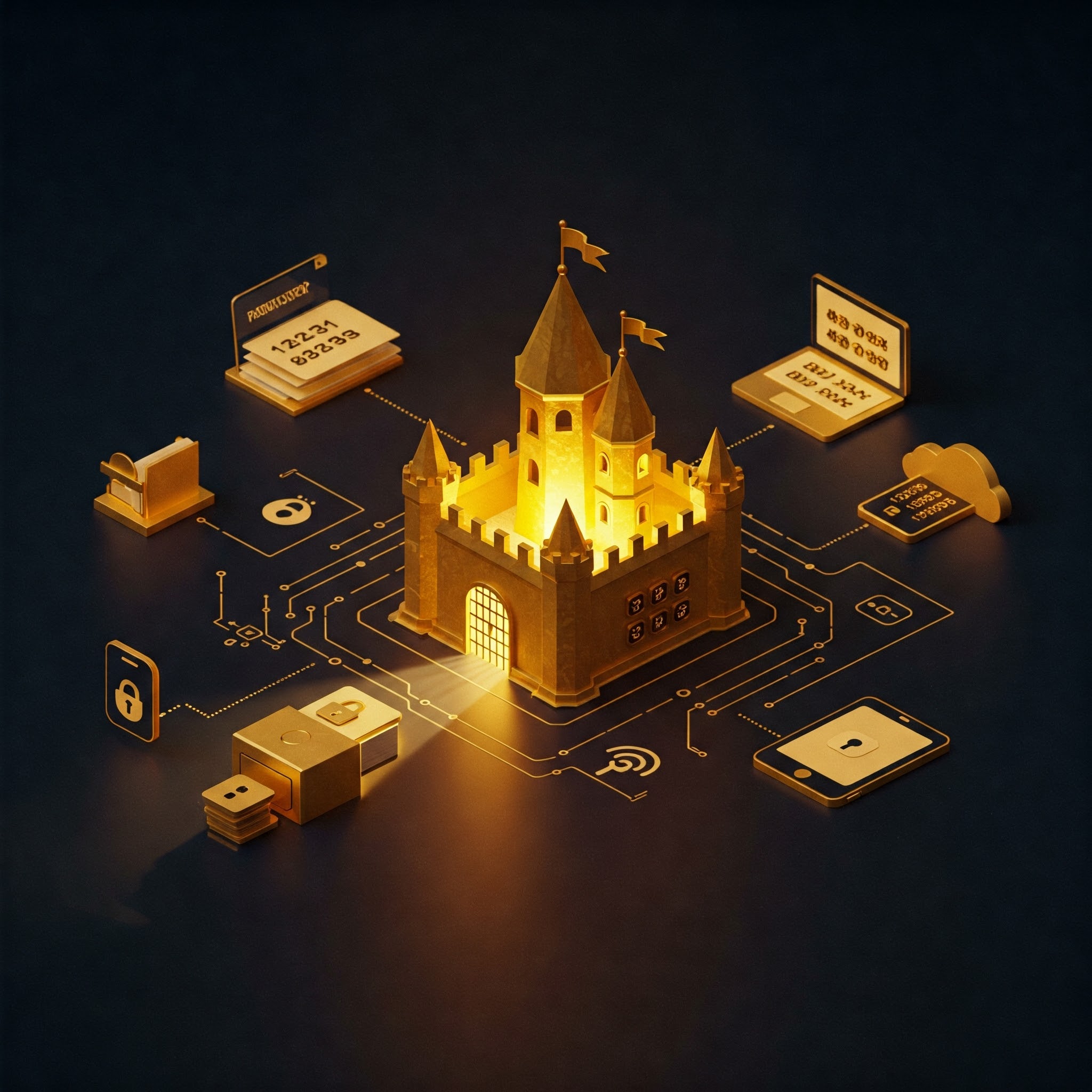 Goldenes Schloss umgeben von digitalen Geräten und Sicherheitssymbolen auf dunklem Grund.