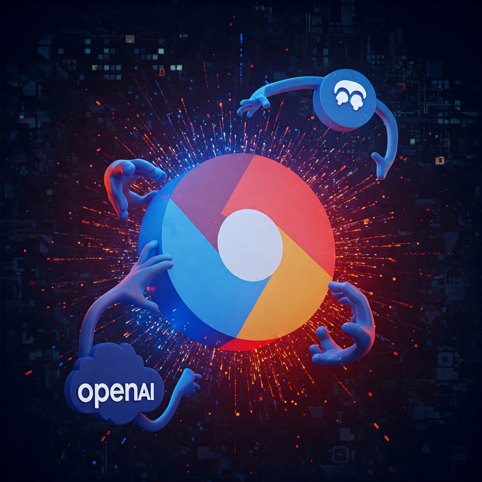 Stilisierte Darstellung des Google Chrome Logos, nach dem digitale Hände von OpenAI, Yahoo und Perplexity greifen.