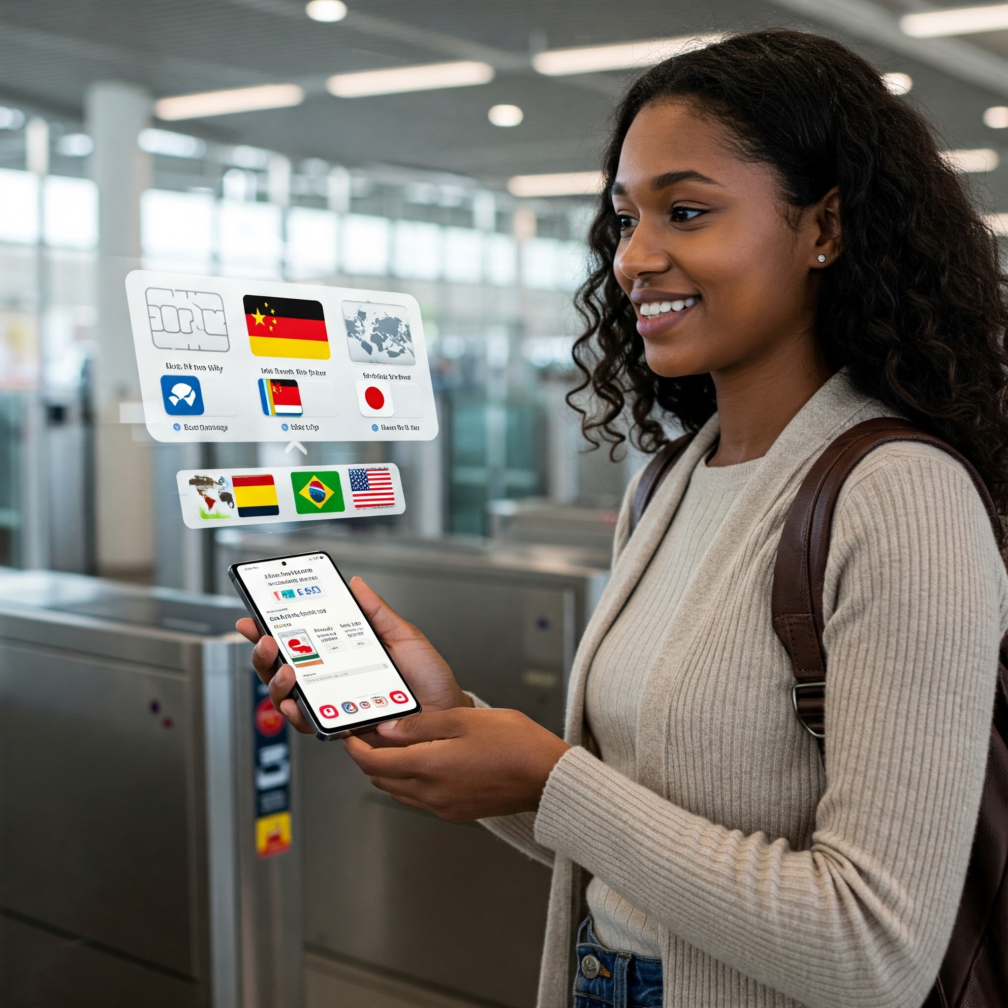 Frau mit Samsung Smartphone am Flughafen, das mehrere eSIM-Profile mit Länderflaggen anzeigt.