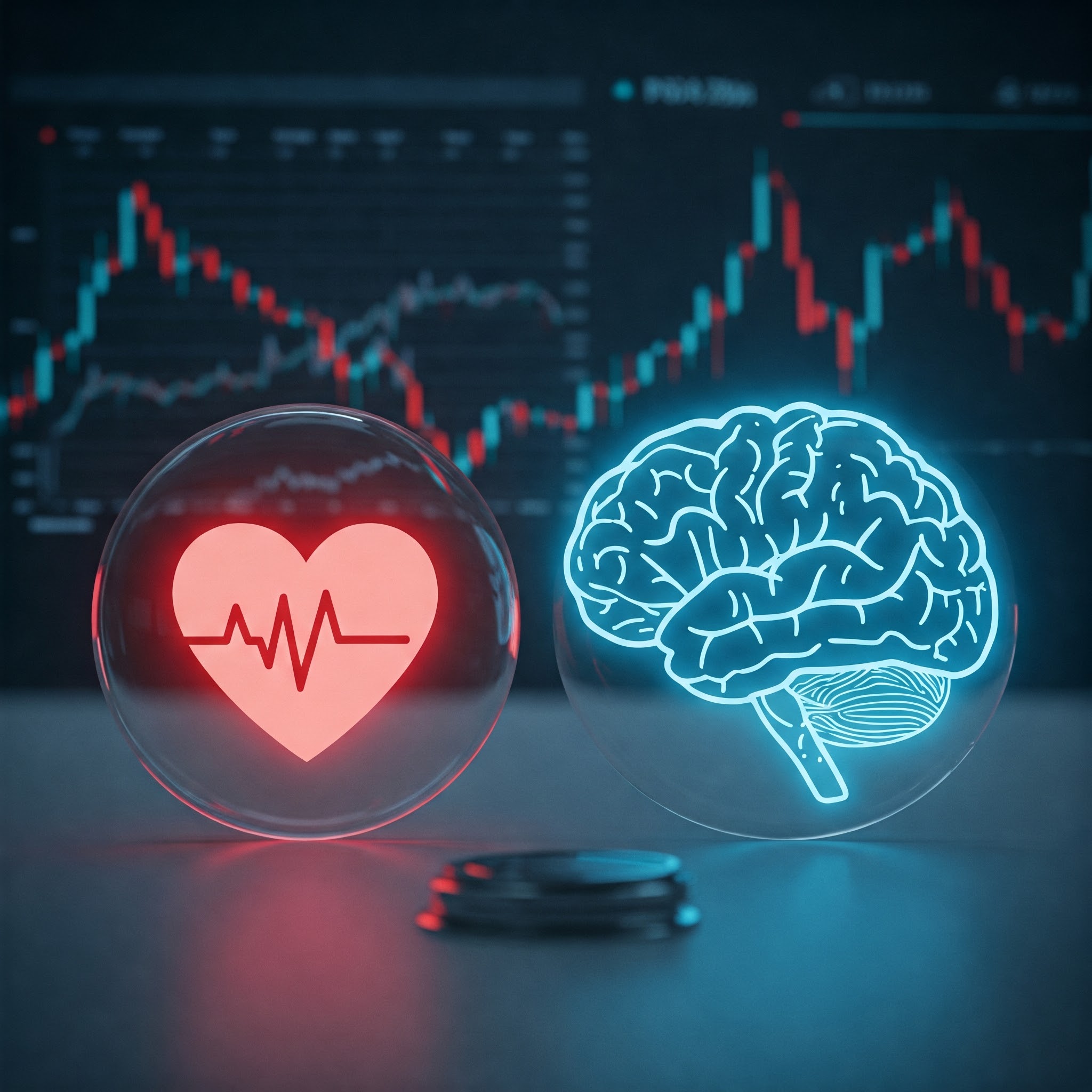 Waage mit Herz und Gehirn symbolisiert rationale Entscheidungen beim Investieren trotz Emotionen.