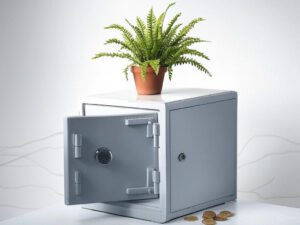Ein minimalistisches Stillleben mit einem geöffneten kleinen Tresor, einer grünen Pflanze in einem Topf und goldenen Münzen, die Sicherheit und smarte Geldanlage symbolisieren, mit dezenten abstrakten Linien im Hintergrund.