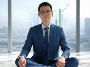 Ein ruhiger Investor meditiert in einem Anzug vor einem Diagramm mit Aktienkurven, symbolisiert emotionale Kontrolle und strategisches Investieren, mit Blau-, Weiß- und Grüntönen im Hintergrund.
