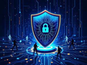 Ein digitaler Schild schützt ein Computernetzwerk vor Cyberangriffen, während Schattenfiguren versuchen, die Sicherheit zu durchdringen.