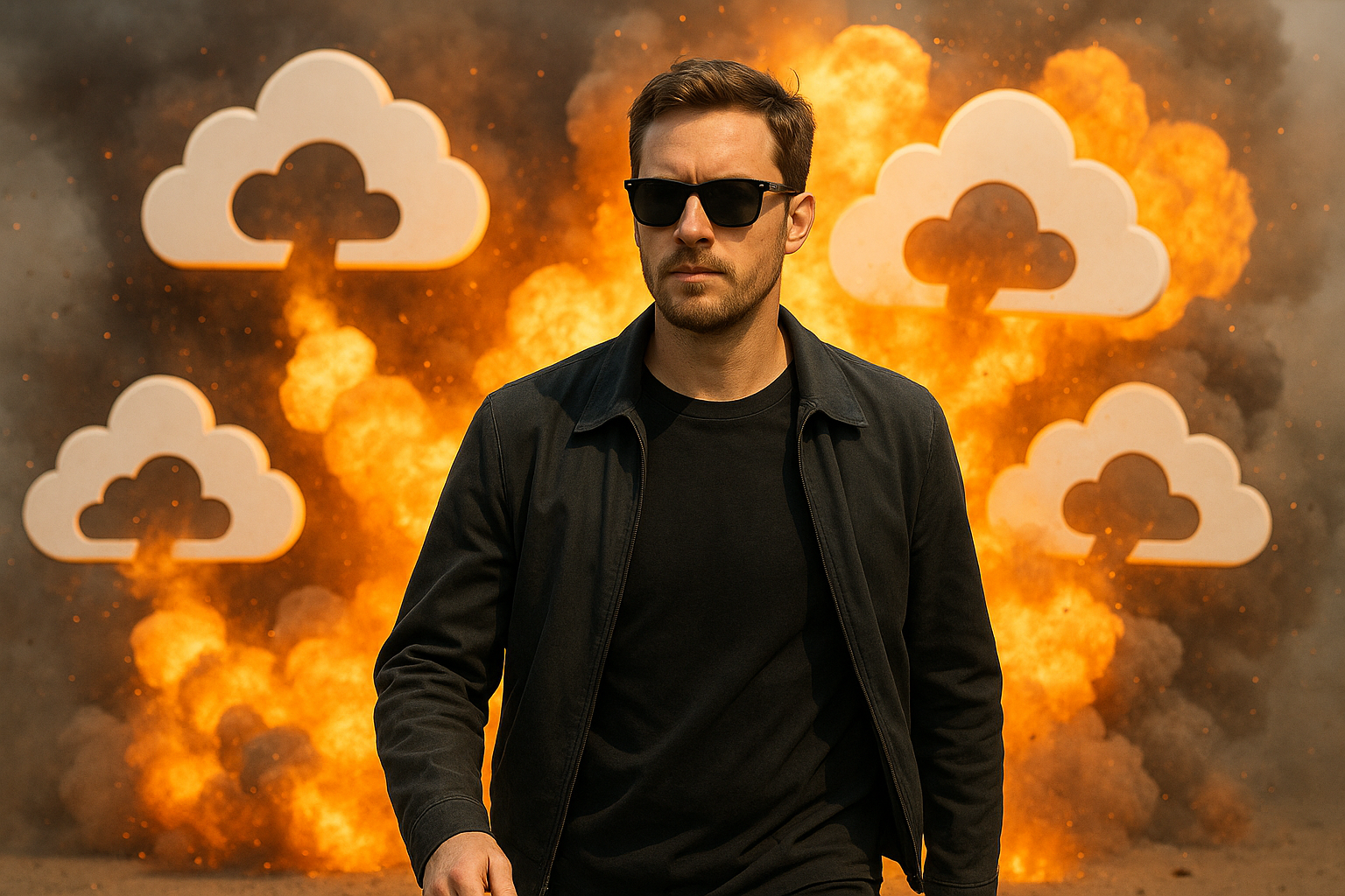 Mann mit Sonnenbrille läuft cool von explodierenden Cloud-Icons weg – Symbolbild für das Umgehen des Microsoft-Konto-Zwangs bei Windows 11