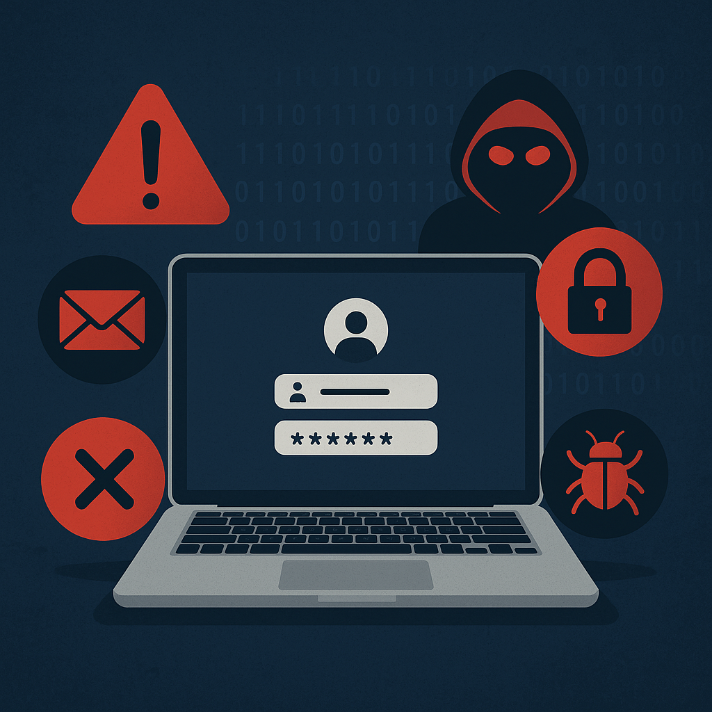 Laptop mit Login-Maske umgeben von Warnsymbolen für Cyberangriffe, Hacking und Malware
