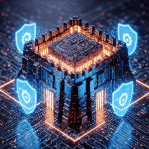 Digitales Festungssymbol, das Cyberangriffe abwehrt und Online-Sicherheit mit starkem Passwortmanagement (2FA, Passkeys, Bitwarden) darstellt.