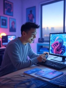Ein begeisterter junger Mann installiert Windows 11 mit dem Flyby11-Tool auf einem alten PC, um Microsofts Hardware-Checks zu umgehen, in einem modernen, farbenfrohen Tech-Ambiente.